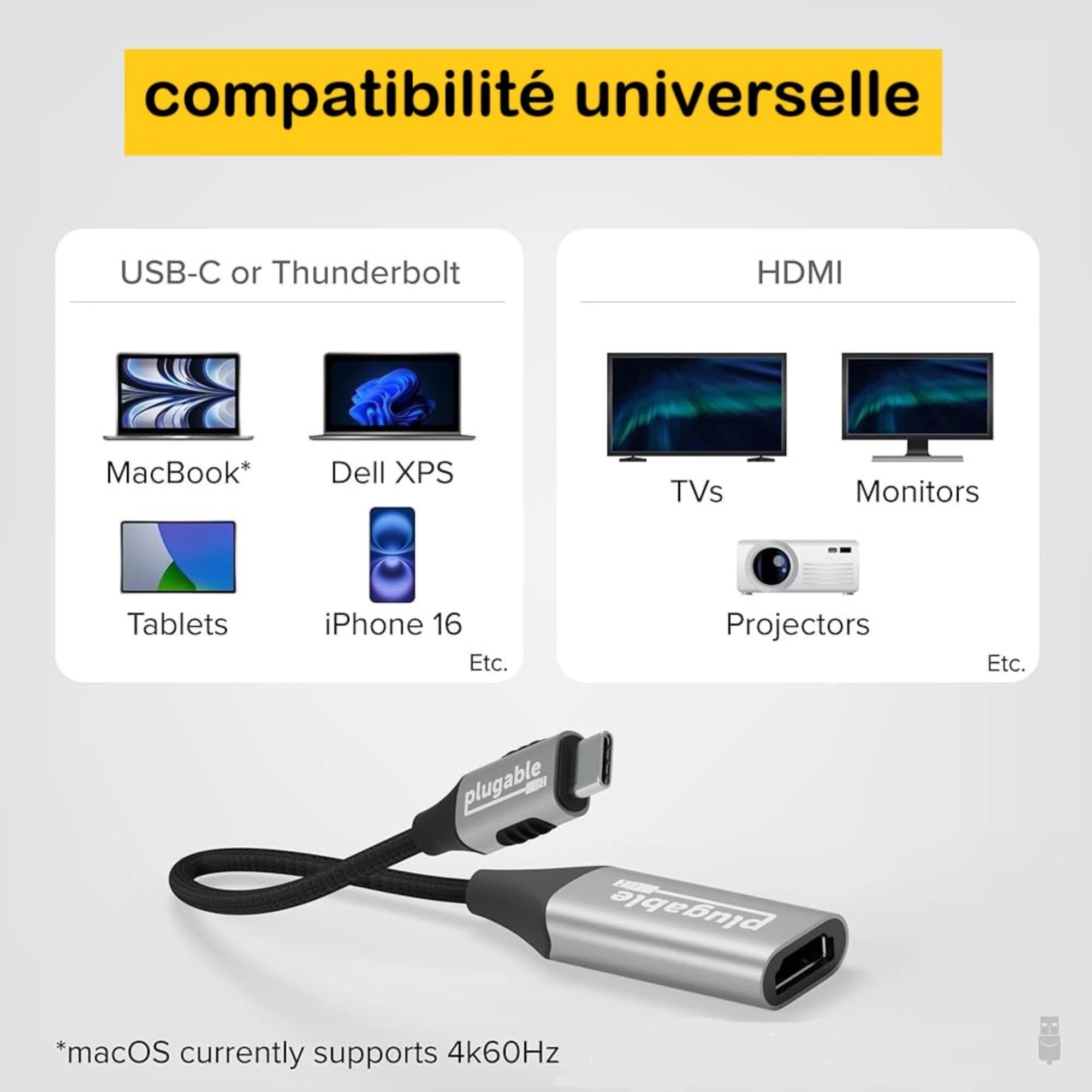 Adaptateur Type-C vers HDMI  AIRSKY 4K 60Hz – Plug and Play, Câble Tressé, Boîtier Métal Bitobi